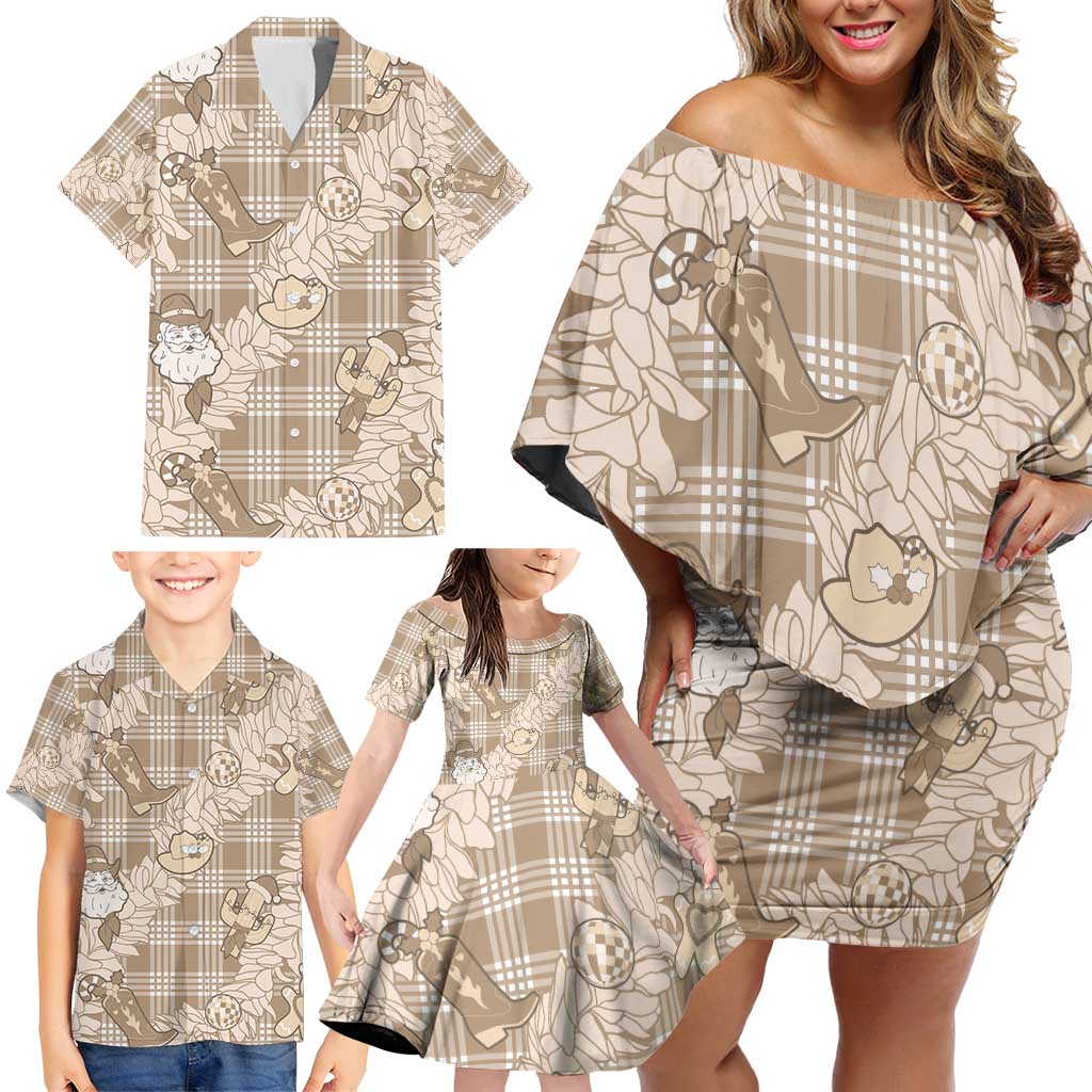 Khaki Palaka Hawaii Cowboy Christmas Family Matching Off Shoulder Short Dress and Hawaiian Shirt Paniolo Mix Maile Lei LT7 - Polynesian Pride
