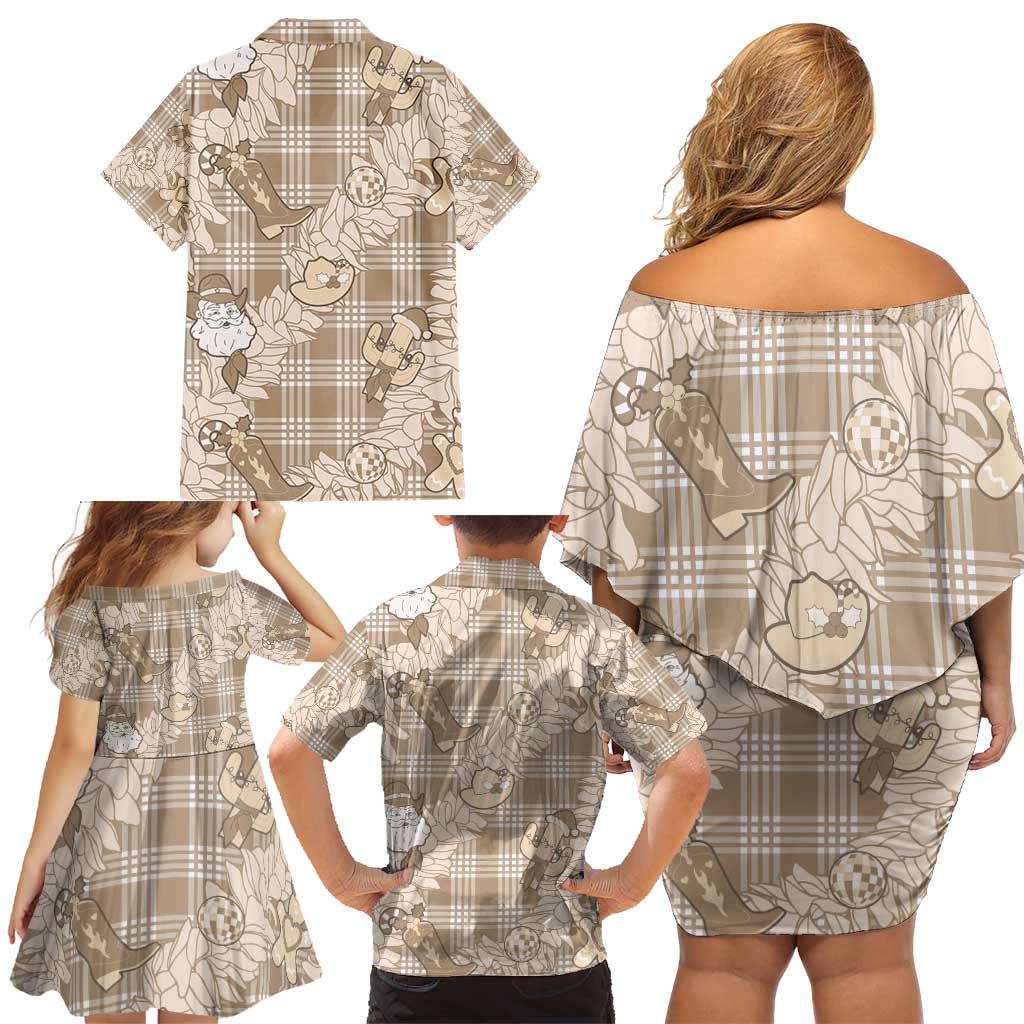 Khaki Palaka Hawaii Cowboy Christmas Family Matching Off Shoulder Short Dress and Hawaiian Shirt Paniolo Mix Maile Lei LT7 - Polynesian Pride