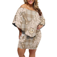 Khaki Palaka Hawaii Cowboy Christmas Family Matching Off Shoulder Short Dress and Hawaiian Shirt Paniolo Mix Maile Lei LT7 Mom's Dress Beige - Polynesian Pride