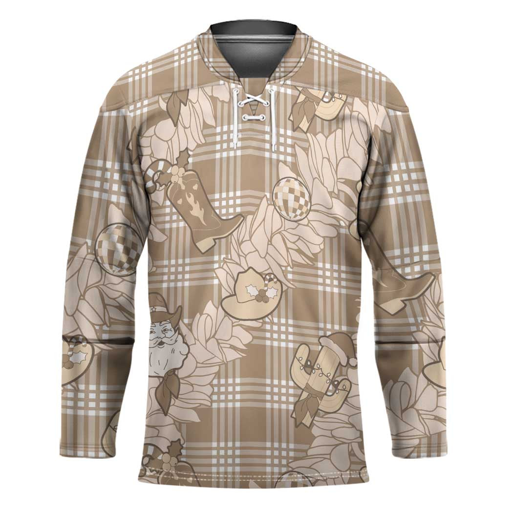 Khaki Palaka Hawaii Cowboy Christmas Hockey Jersey Paniolo Mix Maile Lei - Polynesian Pride