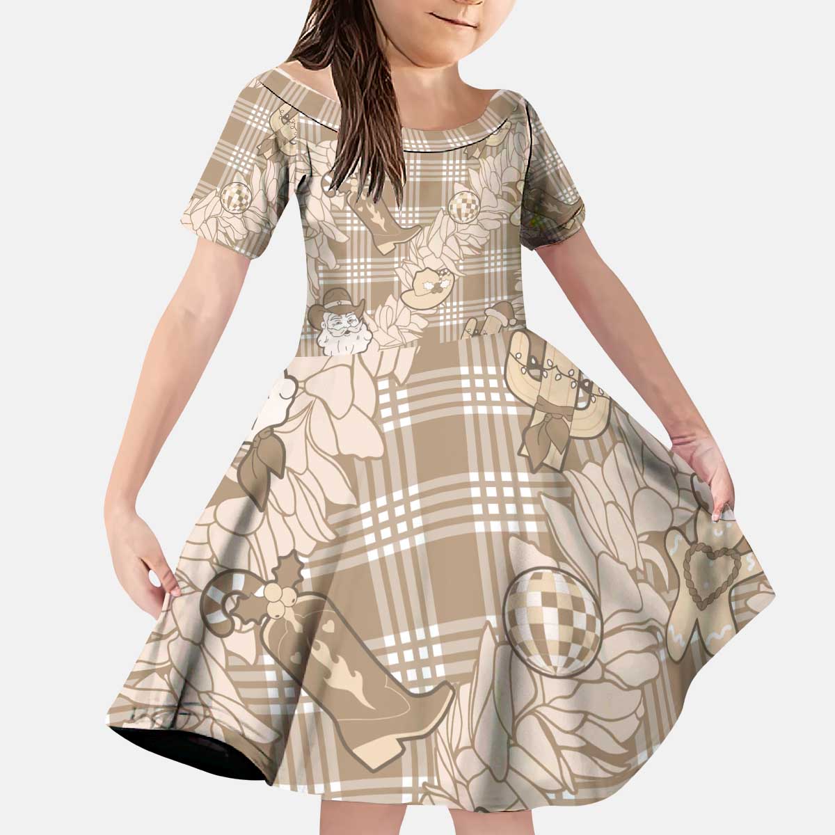 Khaki Palaka Hawaii Cowboy Christmas Kid Short Sleeve Dress Paniolo Mix Maile Lei - Polynesian Pride