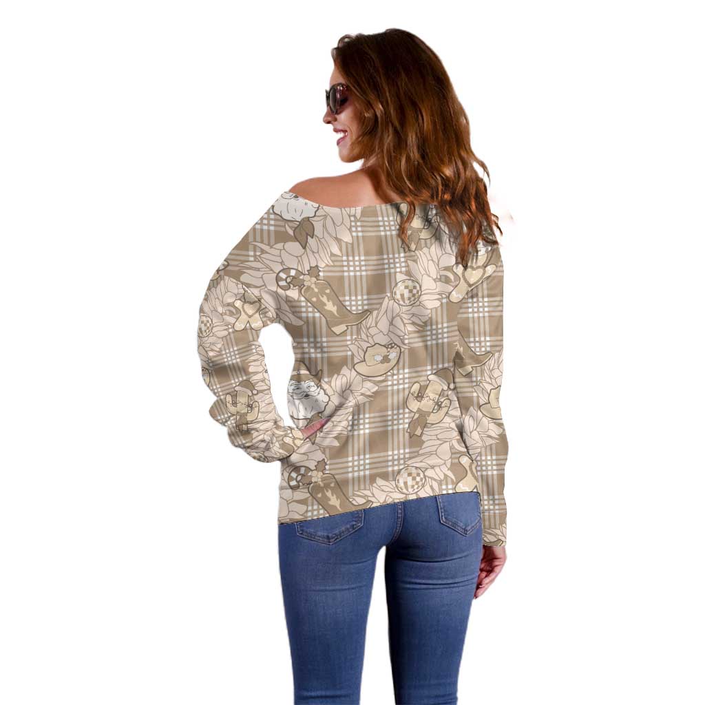 Khaki Palaka Hawaii Cowboy Christmas Off Shoulder Sweater Paniolo Mix Maile Lei - Polynesian Pride