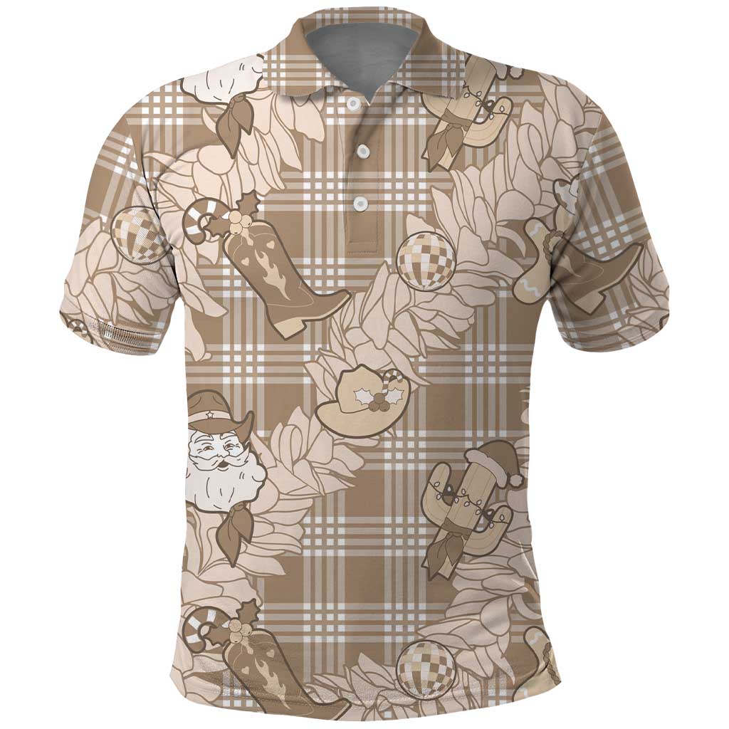 Khaki Palaka Hawaii Cowboy Christmas Polo Shirt Paniolo Mix Maile Lei - Polynesian Pride
