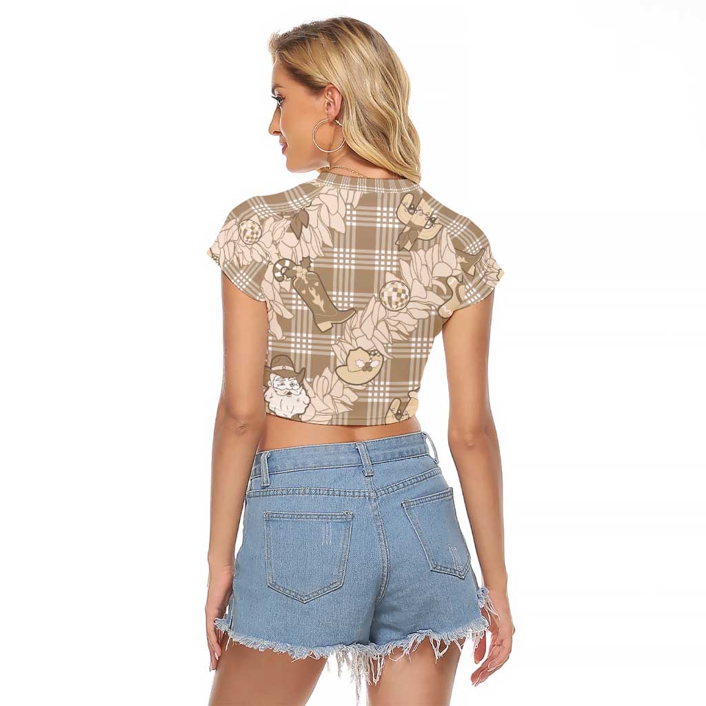 Khaki Palaka Hawaii Cowboy Christmas Raglan Cropped T Shirt Paniolo Mix Maile Lei - Polynesian Pride