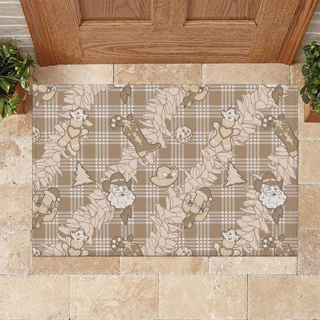 Khaki Palaka Hawaii Cowboy Christmas Rubber Doormat Paniolo Mix Maile Lei LT7 Beige - Polynesian Pride