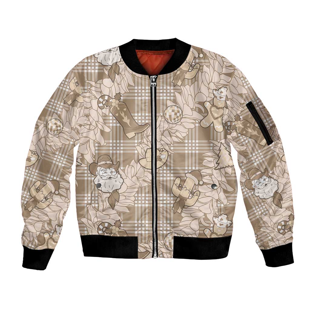 Khaki Palaka Hawaii Cowboy Christmas Sleeve Zip Bomber Jacket Paniolo Mix Maile Lei - Polynesian Pride