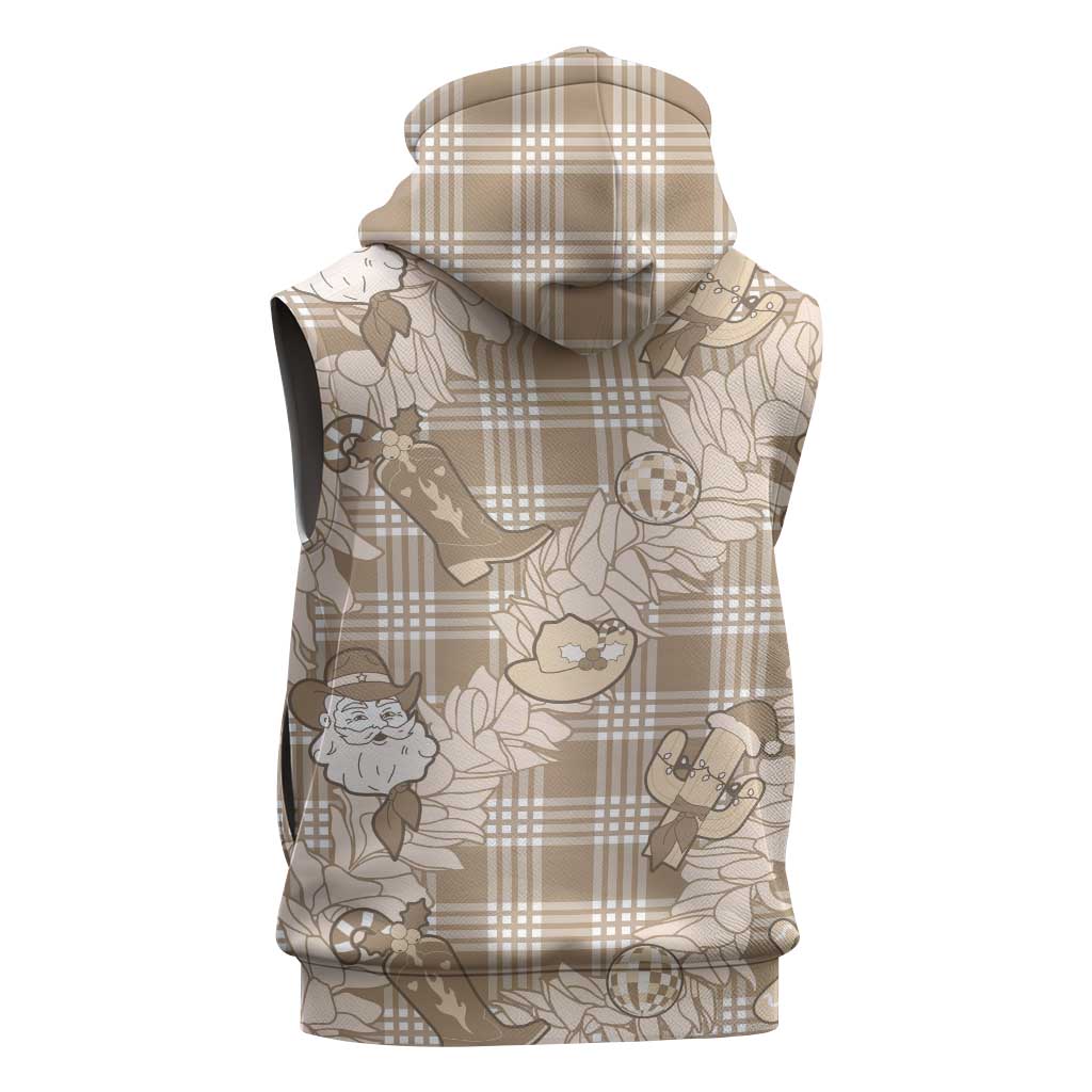 Khaki Palaka Hawaii Cowboy Christmas Sleeveless Hoodie Paniolo Mix Maile Lei - Polynesian Pride