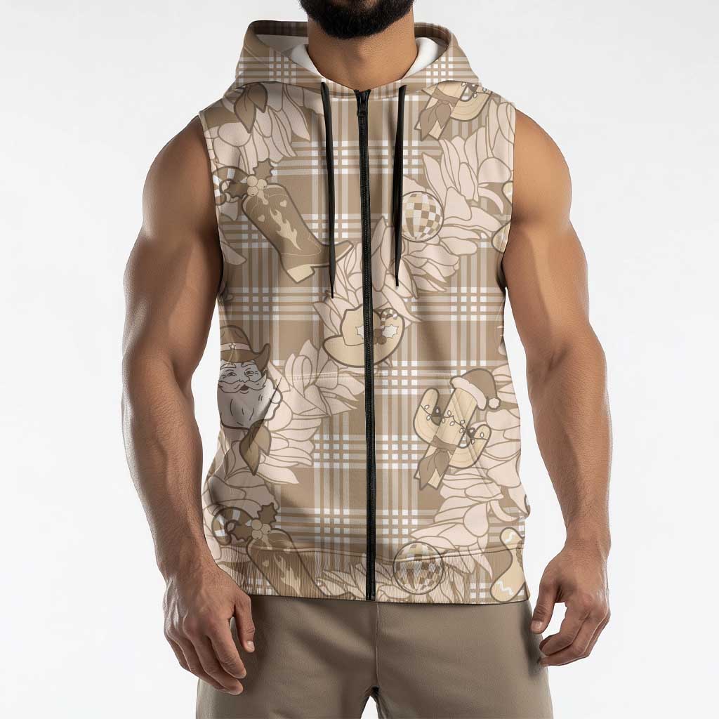 Khaki Palaka Hawaii Cowboy Christmas Sleeveless Zip Hoodie Paniolo Mix Maile Lei - Polynesian Pride