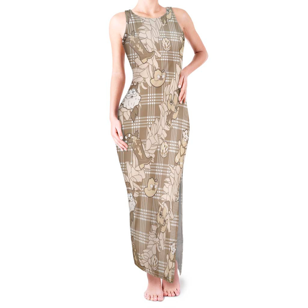 Khaki Palaka Hawaii Cowboy Christmas Tank Maxi Dress Paniolo Mix Maile Lei LT7 Women Beige - Polynesian Pride