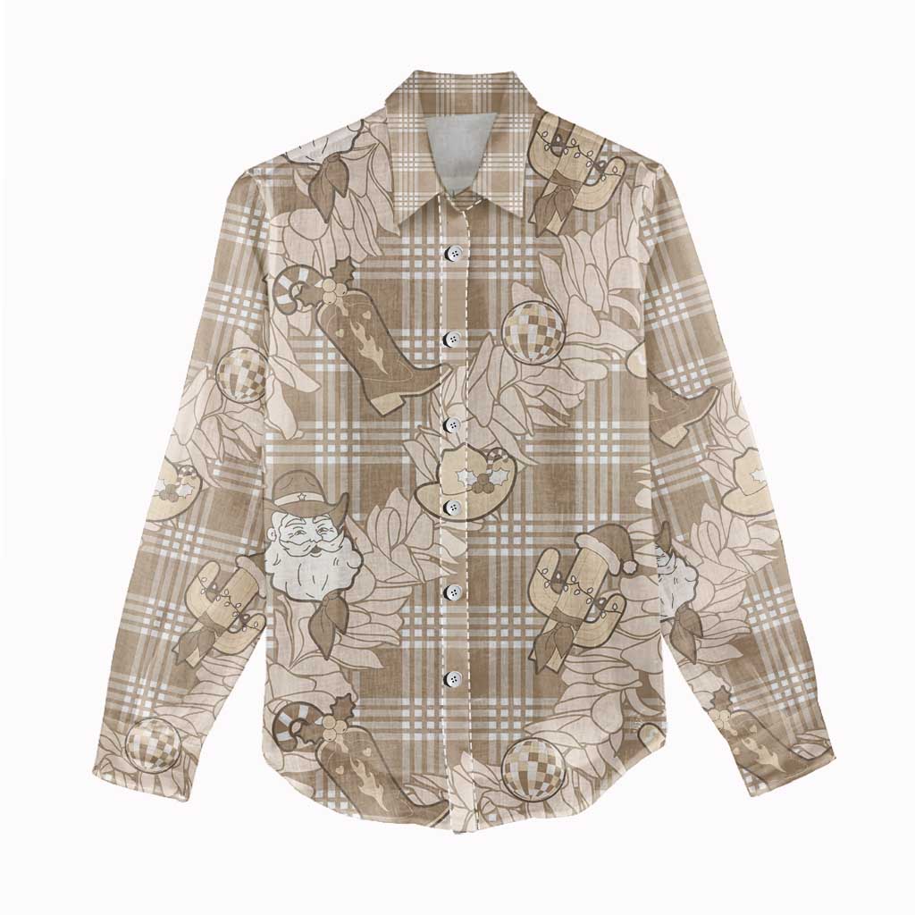 Khaki Palaka Hawaii Cowboy Christmas Women Casual Shirt Paniolo Mix Maile Lei - Polynesian Pride