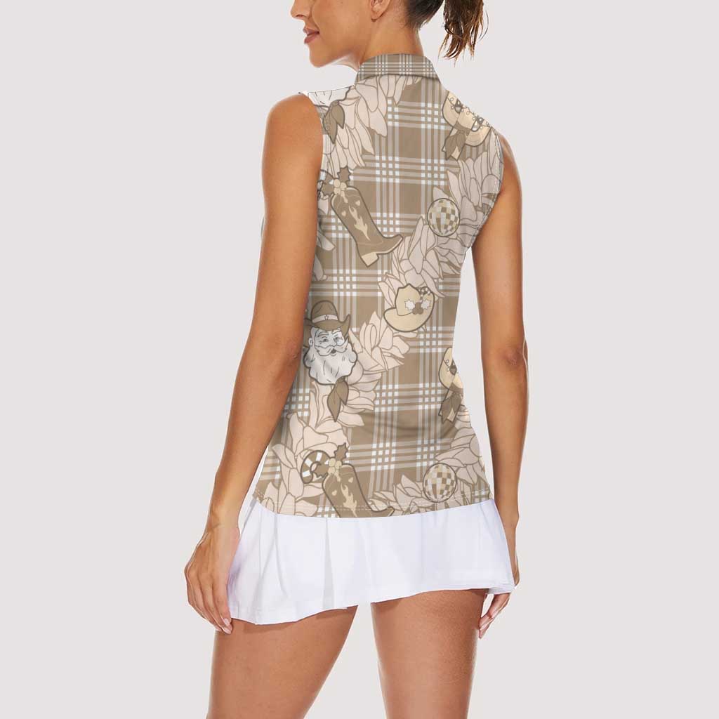 Khaki Palaka Hawaii Cowboy Christmas Women Sleeveless Polo Shirt Paniolo Mix Maile Lei - Polynesian Pride