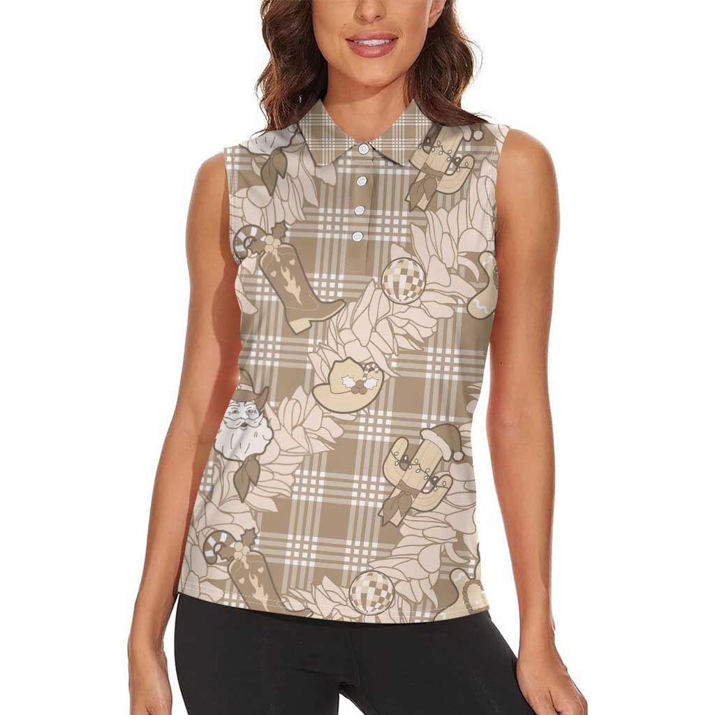 Khaki Palaka Hawaii Cowboy Christmas Women Sleeveless Polo Shirt Paniolo Mix Maile Lei - Polynesian Pride