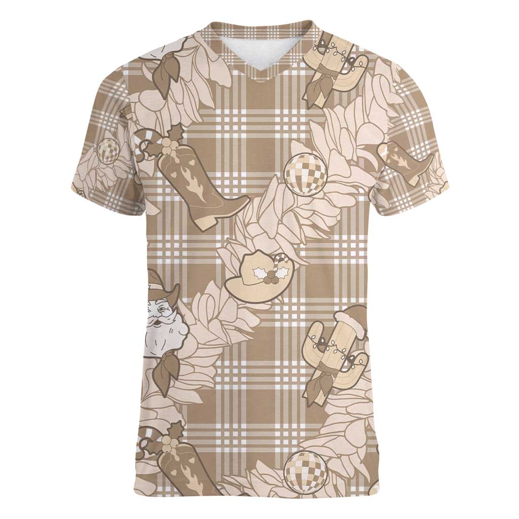 Khaki Palaka Hawaii Cowboy Christmas Women V-Neck T-Shirt Paniolo Mix Maile Lei - Polynesian Pride
