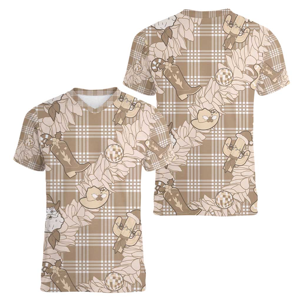 Khaki Palaka Hawaii Cowboy Christmas Women V-Neck T-Shirt Paniolo Mix Maile Lei - Polynesian Pride