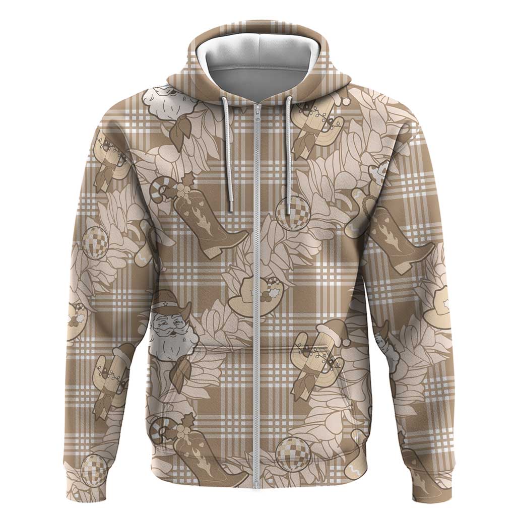 Khaki Palaka Hawaii Cowboy Christmas Zip Hoodie Paniolo Mix Maile Lei - Polynesian Pride