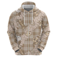 Khaki Palaka Hawaii Cowboy Christmas Zip Hoodie Paniolo Mix Maile Lei - Polynesian Pride