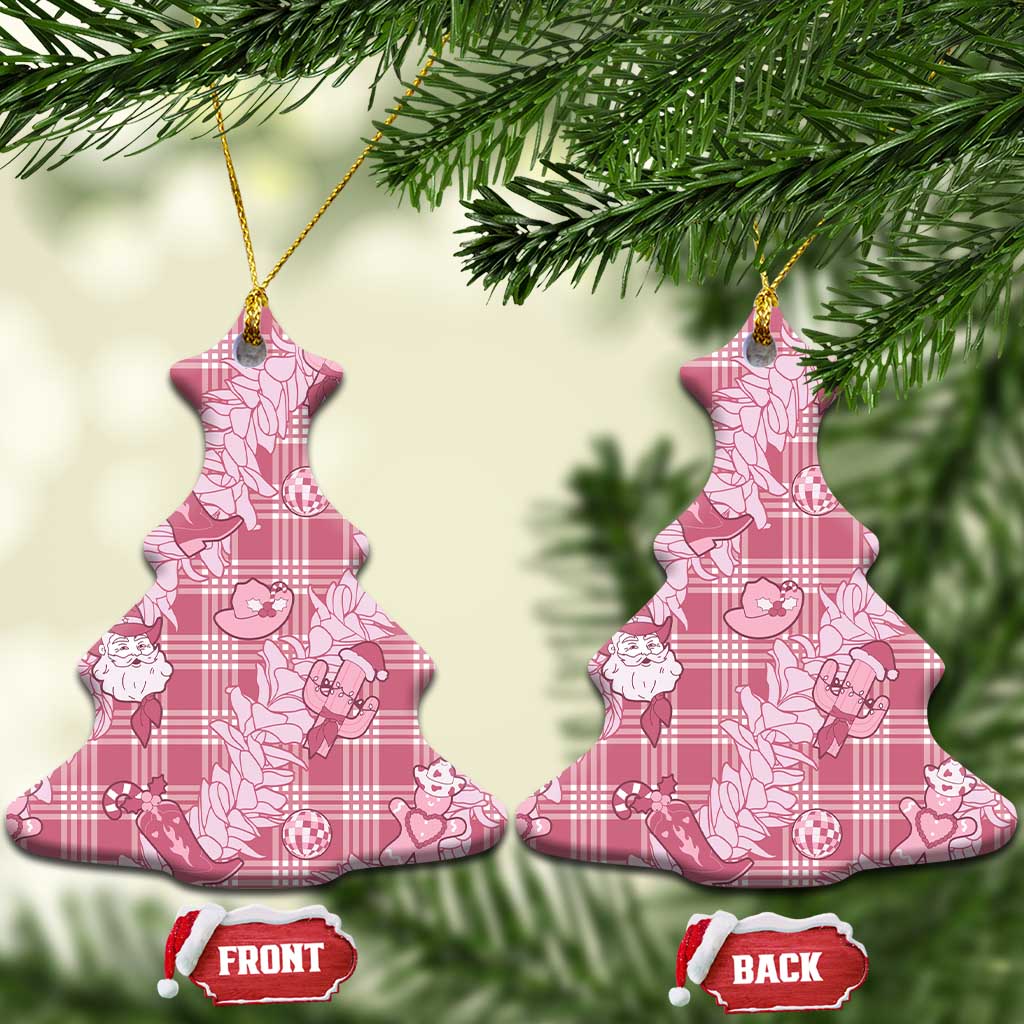 Pink Palaka Hawaii Cowboy Christmas Ceramic Ornament Paniolo Mix Maile Lei - Polynesian Pride