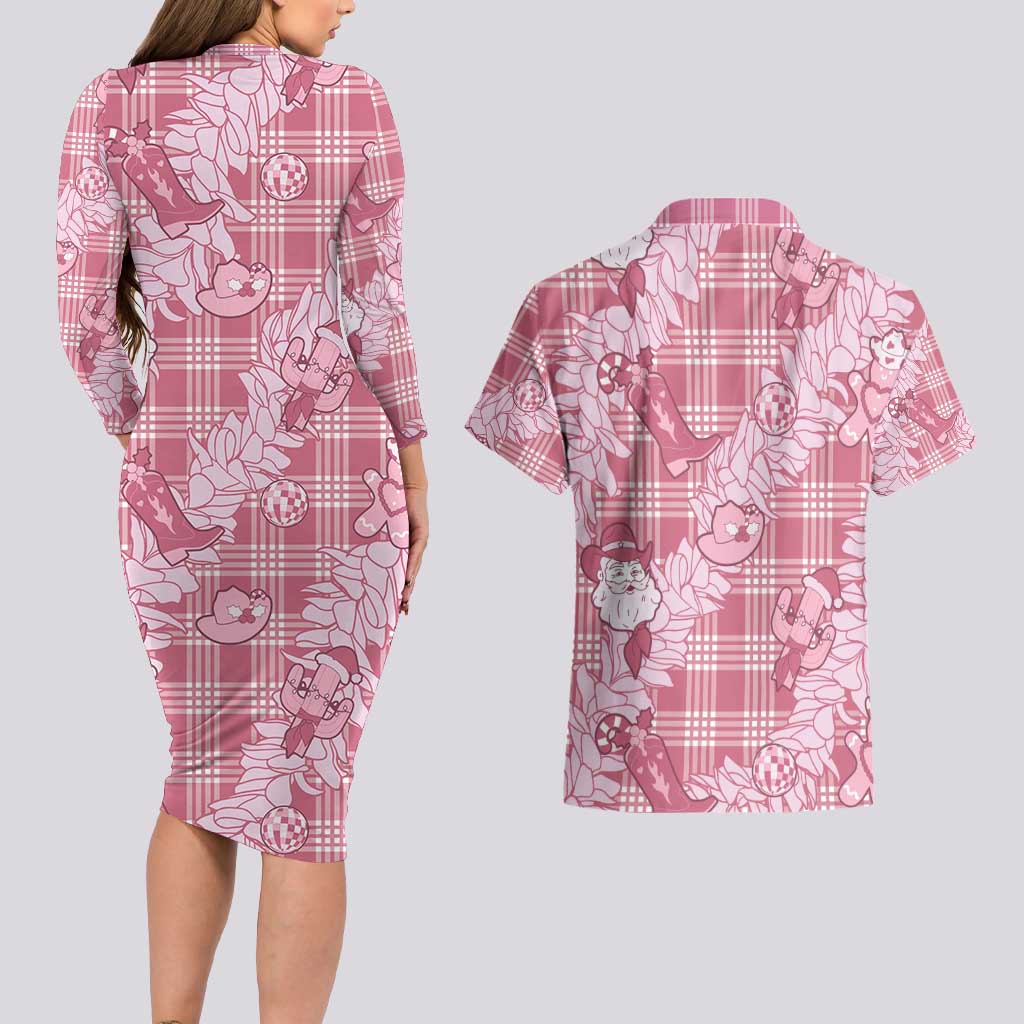Pink Palaka Hawaii Cowboy Christmas Couples Matching Long Sleeve Bodycon Dress and Hawaiian Shirt Paniolo Mix Maile Lei LT7 - Polynesian Pride