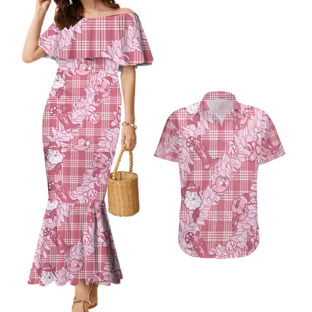 Pink Palaka Hawaii Cowboy Christmas Couples Matching Mermaid Dress and Hawaiian Shirt Paniolo Mix Maile Lei LT7 Pink - Polynesian Pride