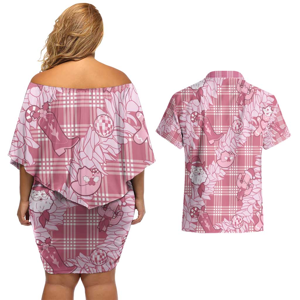 Pink Palaka Hawaii Cowboy Christmas Couples Matching Off Shoulder Short Dress and Hawaiian Shirt Paniolo Mix Maile Lei LT7 - Polynesian Pride