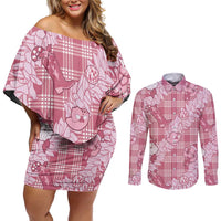 Pink Palaka Hawaii Cowboy Christmas Couples Matching Off Shoulder Short Dress and Long Sleeve Button Shirt Paniolo Mix Maile Lei - Polynesian Pride