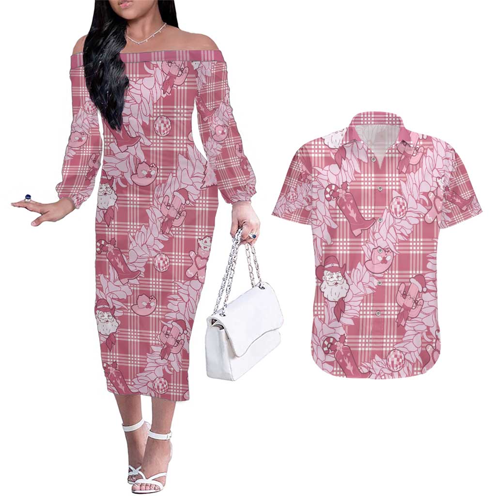 Pink Palaka Hawaii Cowboy Christmas Couples Matching Off The Shoulder Long Sleeve Dress and Hawaiian Shirt Paniolo Mix Maile Lei LT7 Pink - Polynesian Pride