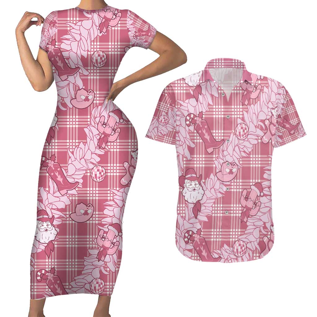 Pink Palaka Hawaii Cowboy Christmas Couples Matching Short Sleeve Bodycon Dress and Hawaiian Shirt Paniolo Mix Maile Lei LT7 Pink - Polynesian Pride