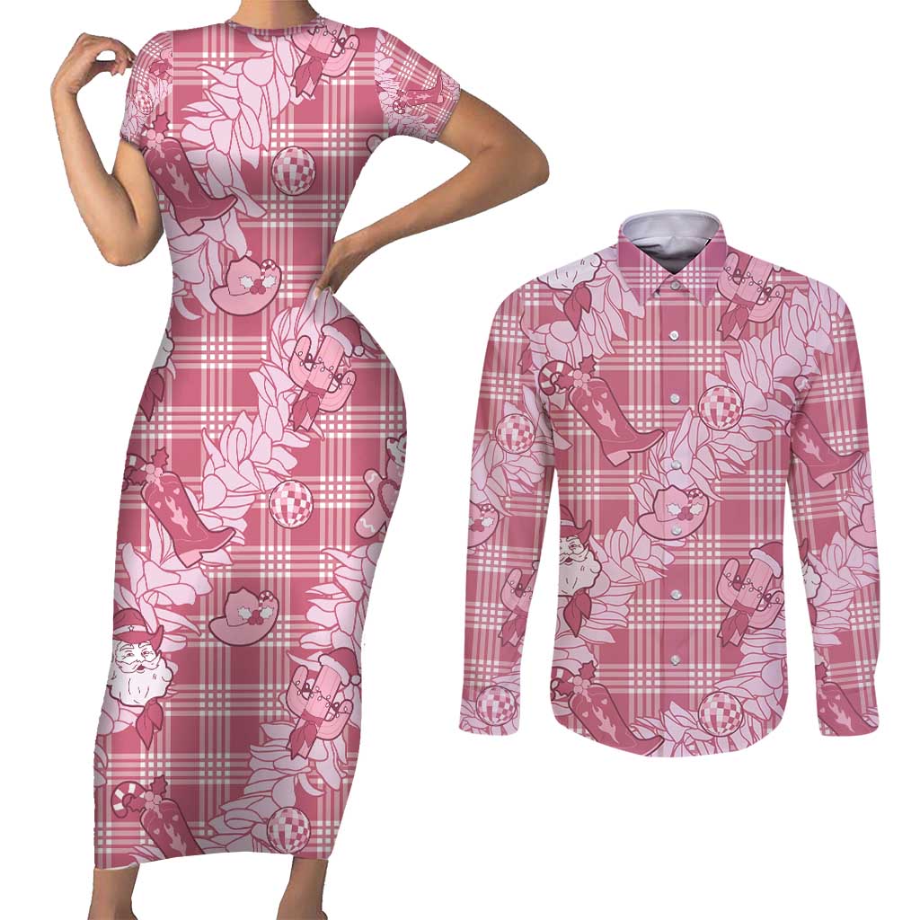 Pink Palaka Hawaii Cowboy Christmas Couples Matching Short Sleeve Bodycon Dress and Long Sleeve Button Shirt Paniolo Mix Maile Lei - Polynesian Pride