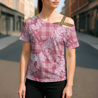 Pink Palaka Hawaii Cowboy Christmas Cross Shoulder Shirt Paniolo Mix Maile Lei - Polynesian Pride