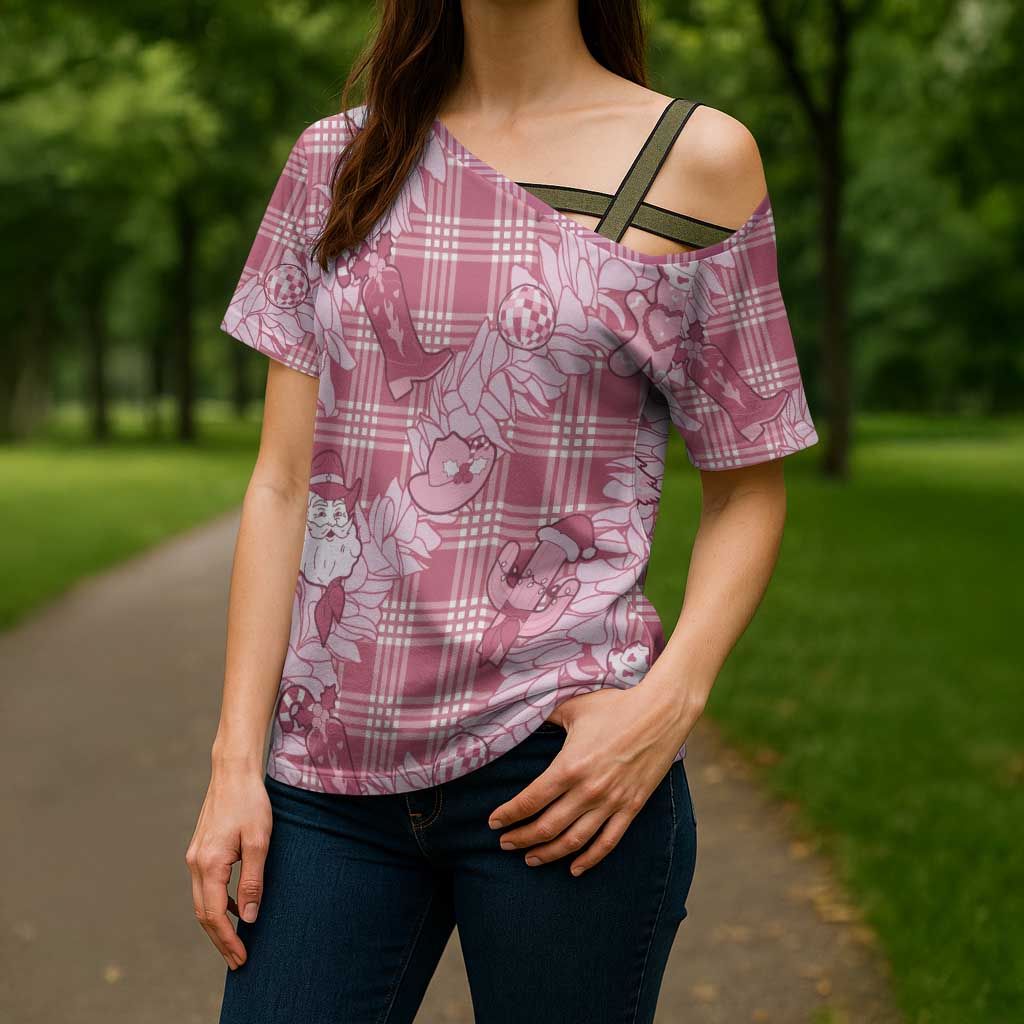 Pink Palaka Hawaii Cowboy Christmas Cross Shoulder Shirt Paniolo Mix Maile Lei - Polynesian Pride