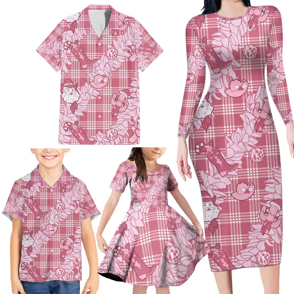 Pink Palaka Hawaii Cowboy Christmas Family Matching Long Sleeve Bodycon Dress and Hawaiian Shirt Paniolo Mix Maile Lei LT7 - Polynesian Pride