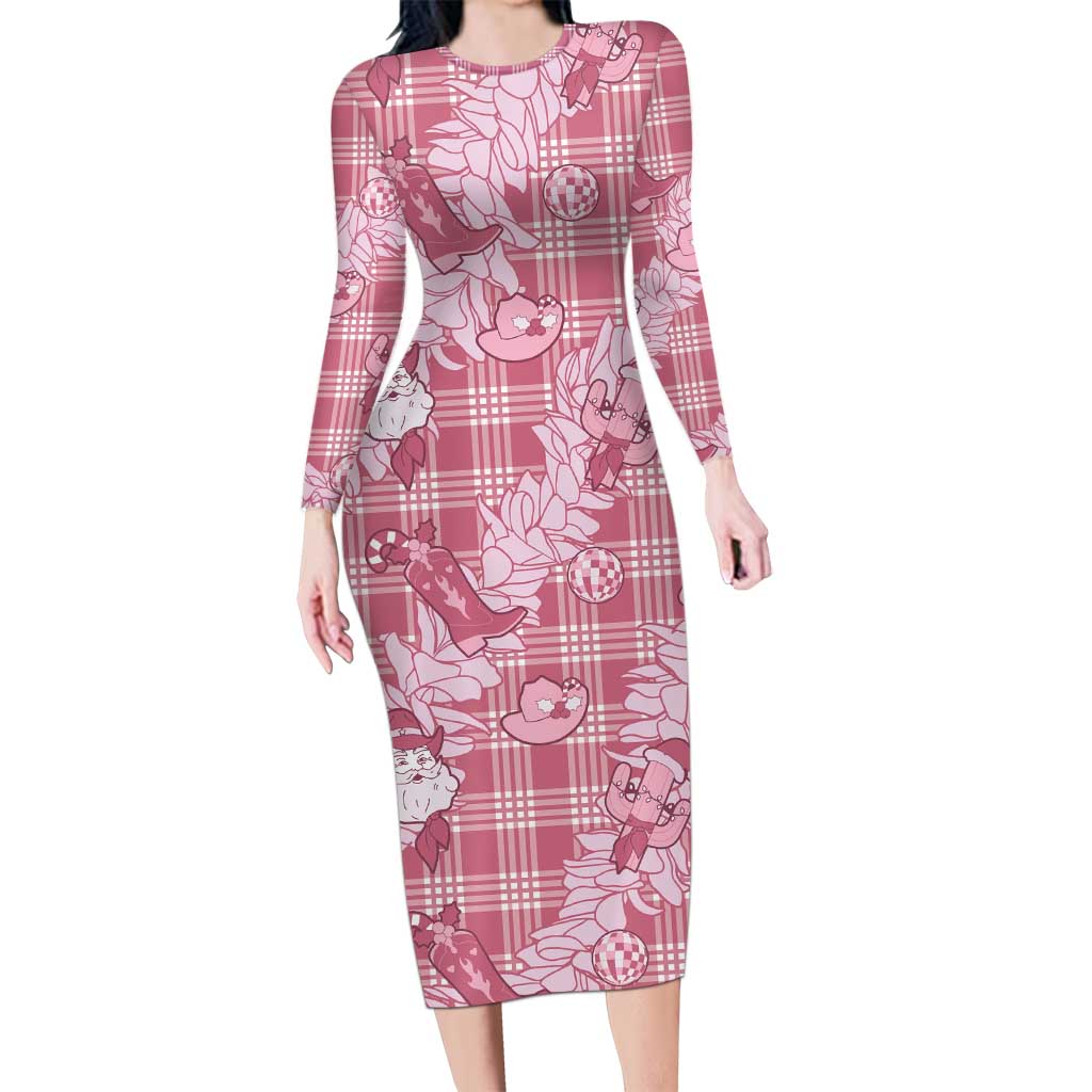 Pink Palaka Hawaii Cowboy Christmas Family Matching Long Sleeve Bodycon Dress and Hawaiian Shirt Paniolo Mix Maile Lei LT7 Mom's Dress Pink - Polynesian Pride