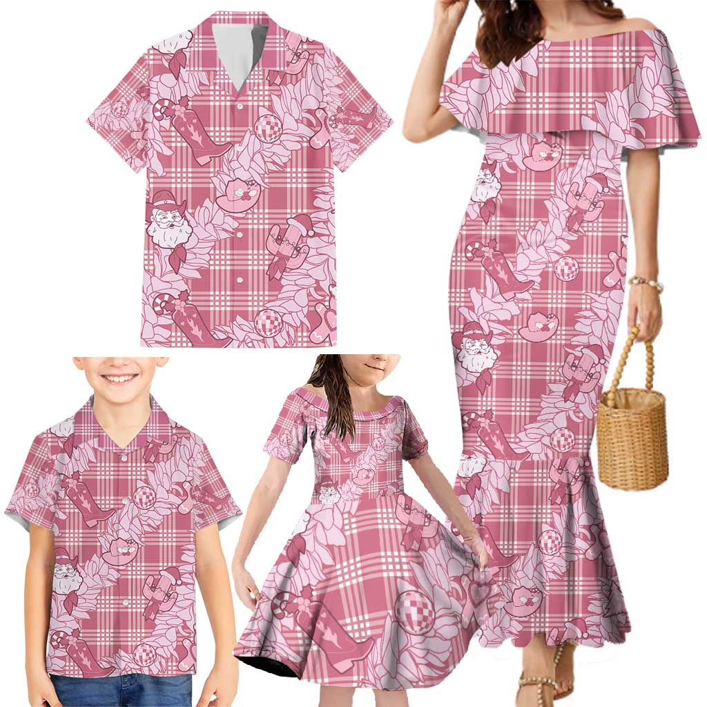 Pink Palaka Hawaii Cowboy Christmas Family Matching Mermaid Dress and Hawaiian Shirt Paniolo Mix Maile Lei LT7 - Polynesian Pride