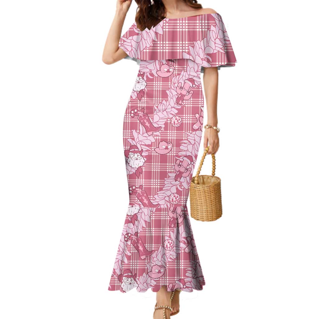 Pink Palaka Hawaii Cowboy Christmas Family Matching Mermaid Dress and Hawaiian Shirt Paniolo Mix Maile Lei LT7 Mom's Dress Pink - Polynesian Pride