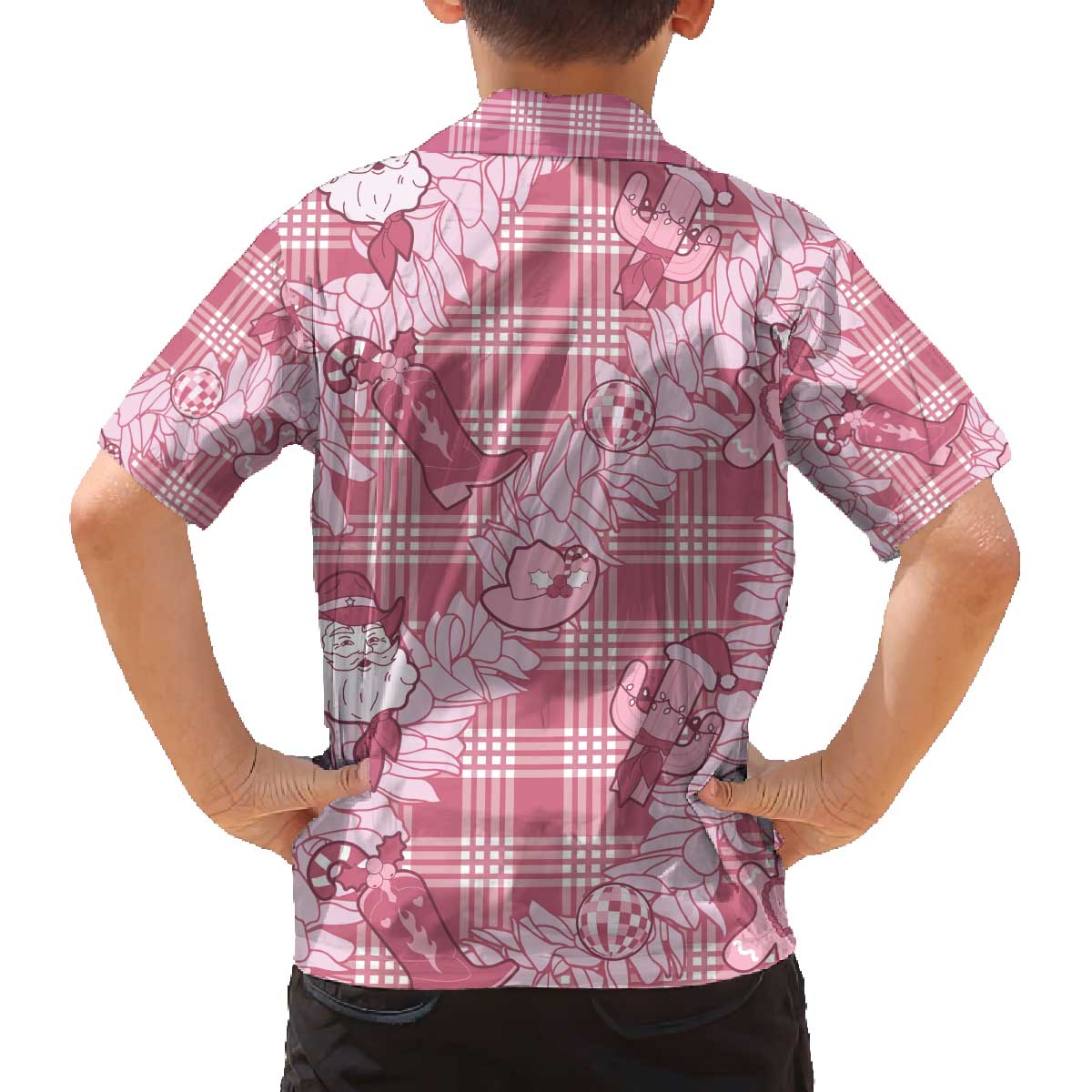 Pink Palaka Hawaii Cowboy Christmas Family Matching Off The Shoulder Long Sleeve Dress and Hawaiian Shirt Paniolo Mix Maile Lei LT7 - Polynesian Pride
