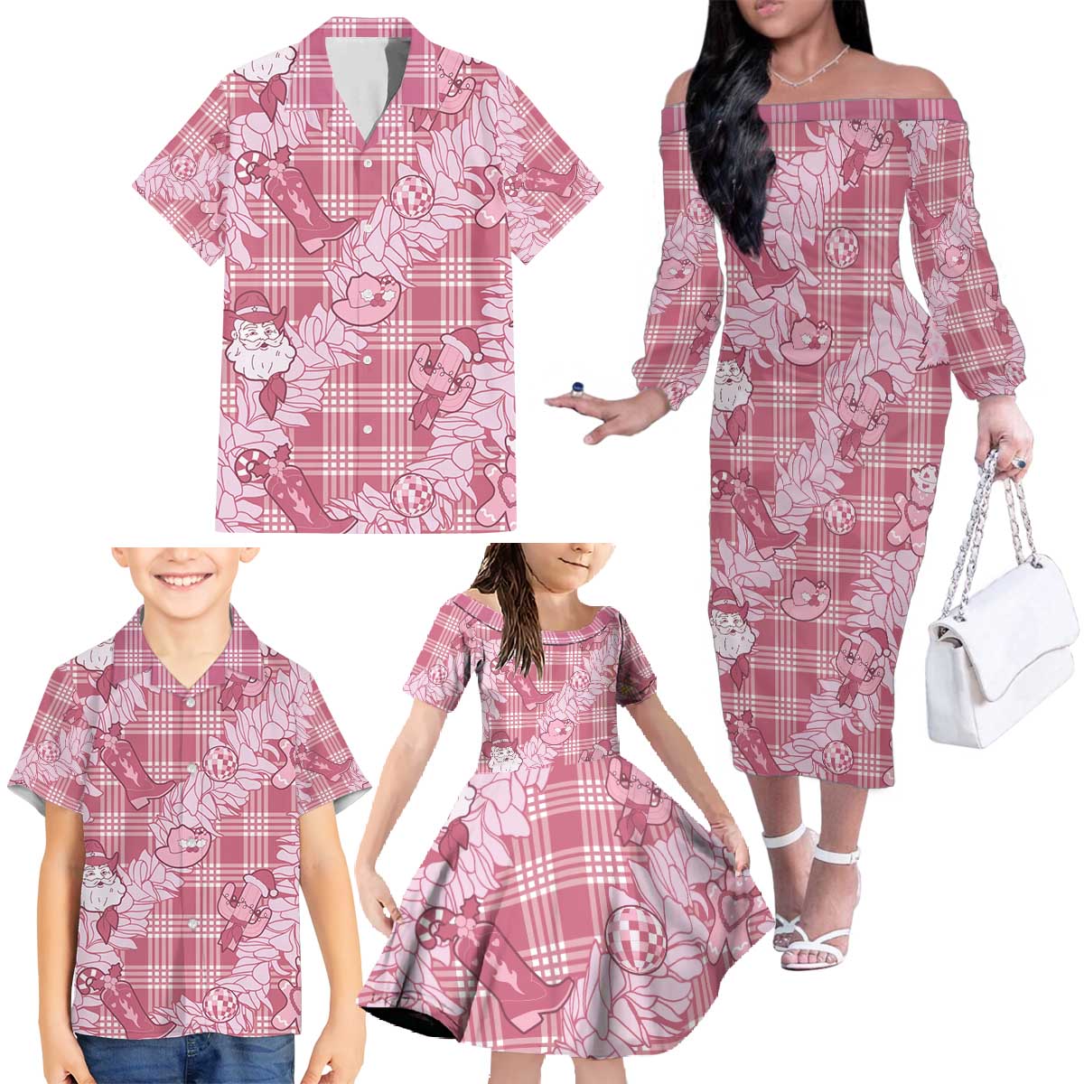 Pink Palaka Hawaii Cowboy Christmas Family Matching Off The Shoulder Long Sleeve Dress and Hawaiian Shirt Paniolo Mix Maile Lei LT7 - Polynesian Pride