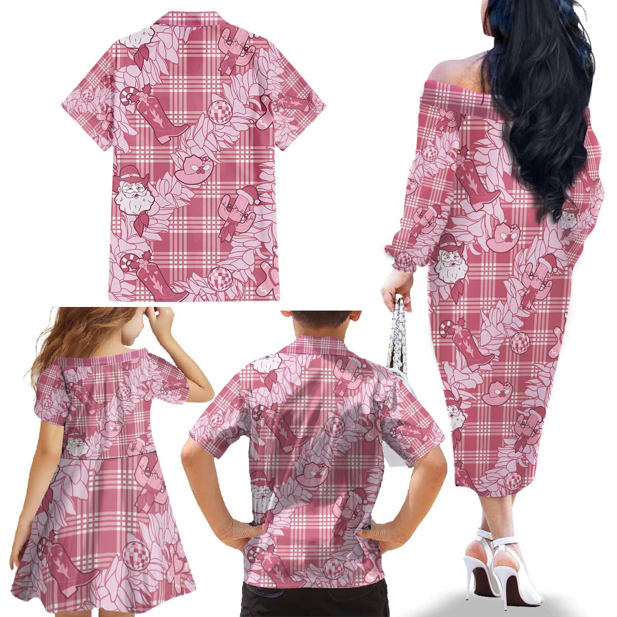Pink Palaka Hawaii Cowboy Christmas Family Matching Off The Shoulder Long Sleeve Dress and Hawaiian Shirt Paniolo Mix Maile Lei LT7 - Polynesian Pride