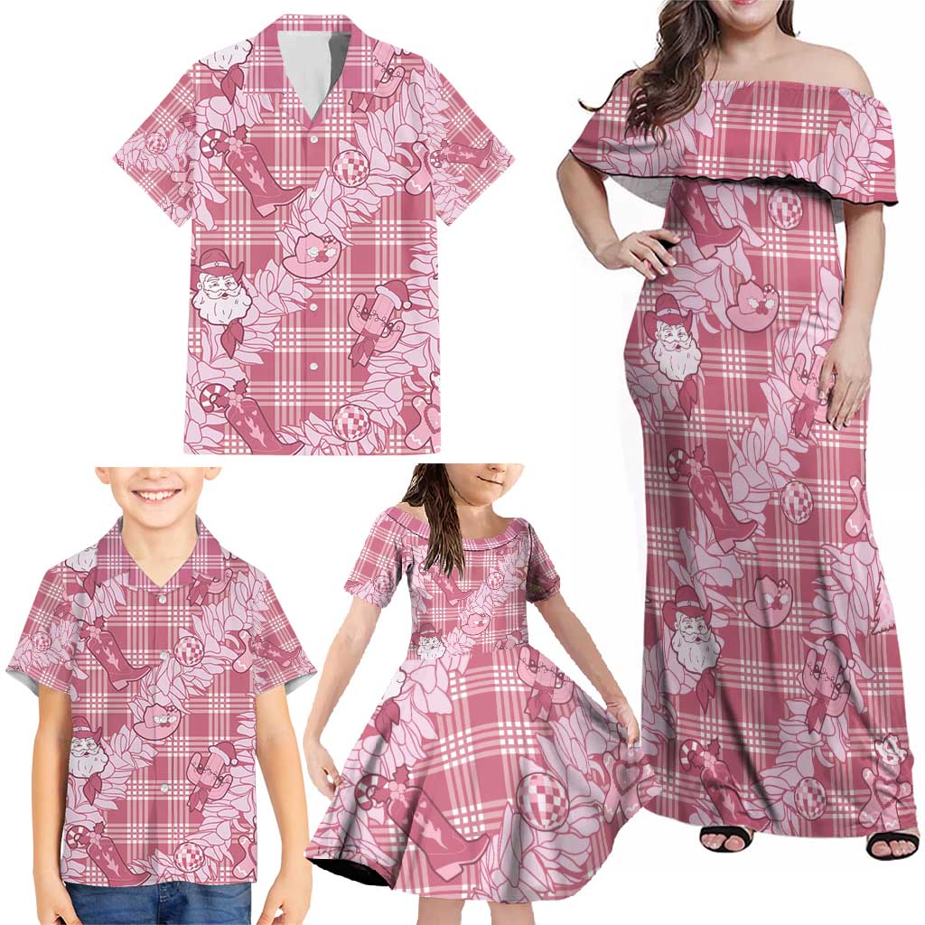 Pink Palaka Hawaii Cowboy Christmas Family Matching Off Shoulder Maxi Dress and Hawaiian Shirt Paniolo Mix Maile Lei LT7 - Polynesian Pride