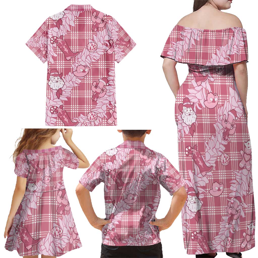 Pink Palaka Hawaii Cowboy Christmas Family Matching Off Shoulder Maxi Dress and Hawaiian Shirt Paniolo Mix Maile Lei LT7 - Polynesian Pride
