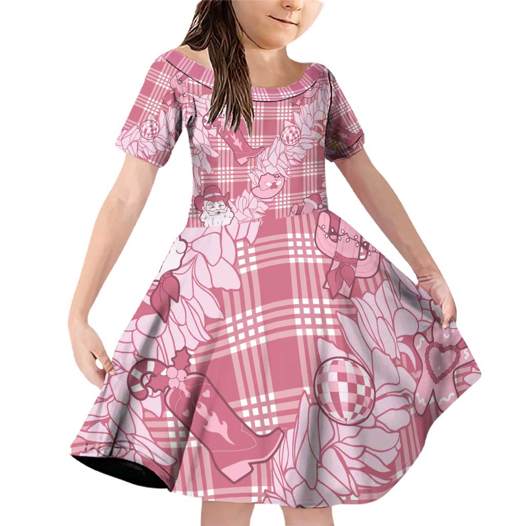 Pink Palaka Hawaii Cowboy Christmas Family Matching Off Shoulder Short Dress and Hawaiian Shirt Paniolo Mix Maile Lei LT7 Daughter's Dress Pink - Polynesian Pride