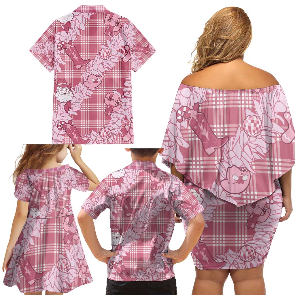Pink Palaka Hawaii Cowboy Christmas Family Matching Off Shoulder Short Dress and Hawaiian Shirt Paniolo Mix Maile Lei LT7 - Polynesian Pride