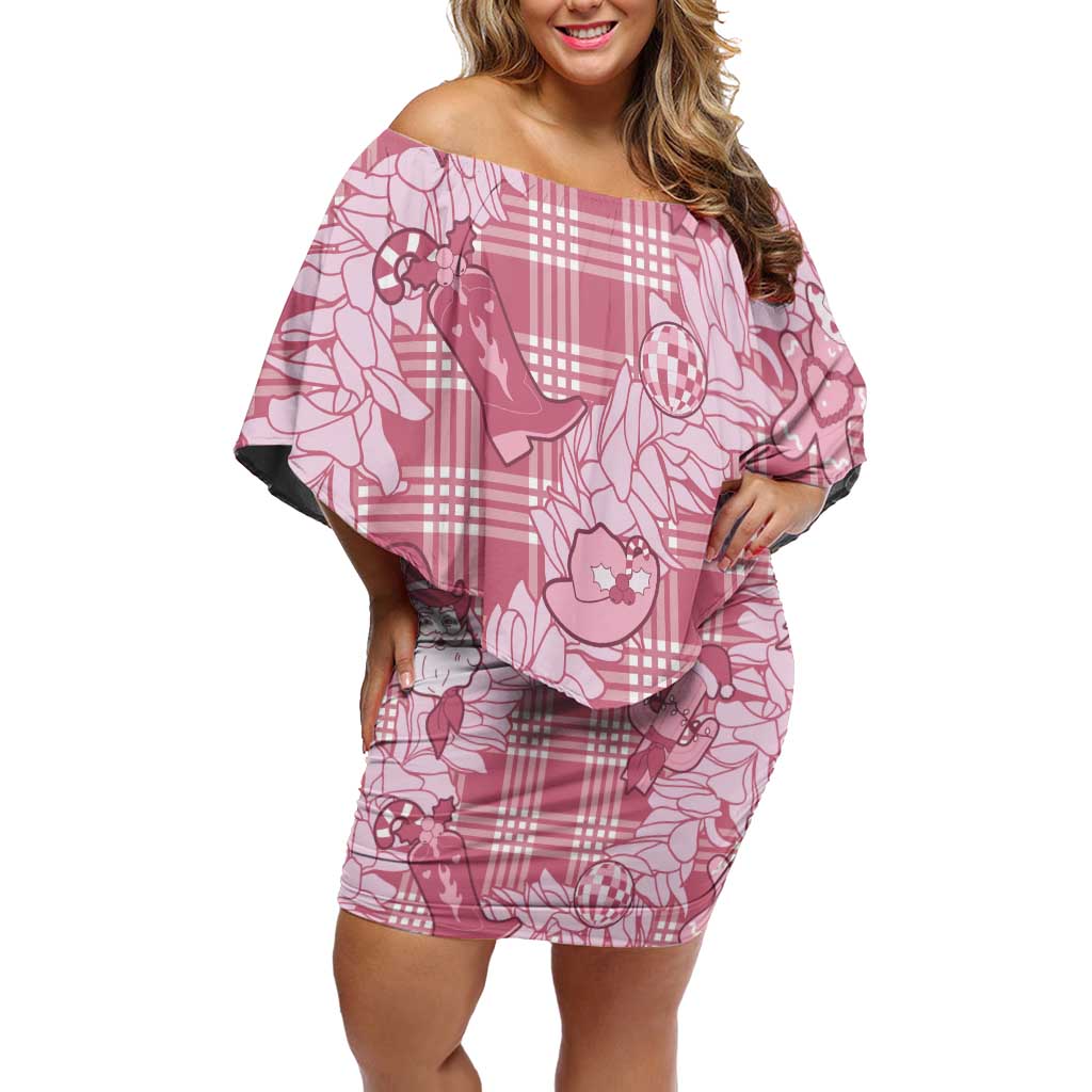 Pink Palaka Hawaii Cowboy Christmas Family Matching Off Shoulder Short Dress and Hawaiian Shirt Paniolo Mix Maile Lei LT7 Mom's Dress Pink - Polynesian Pride