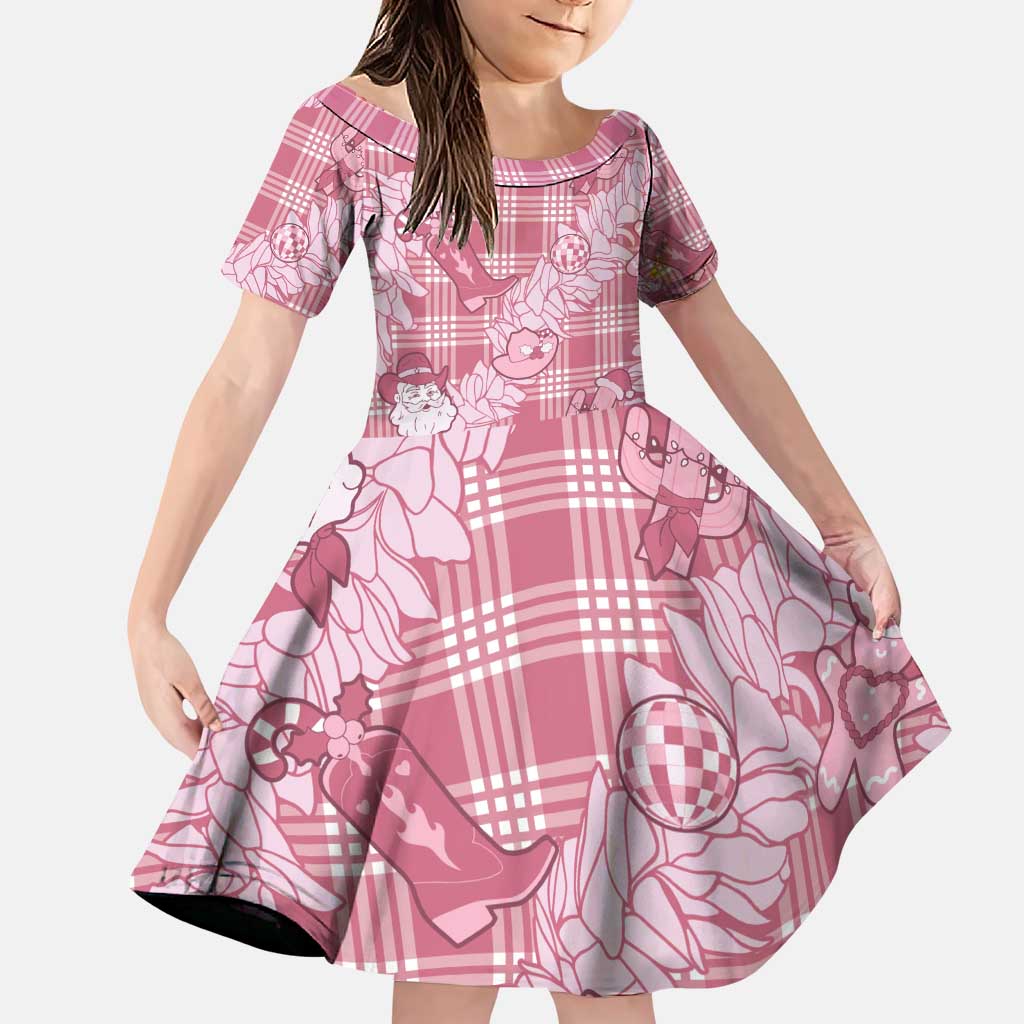 Pink Palaka Hawaii Cowboy Christmas Family Matching Puletasi and Hawaiian Shirt Paniolo Mix Maile Lei LT7 Daughter's Dress Pink - Polynesian Pride