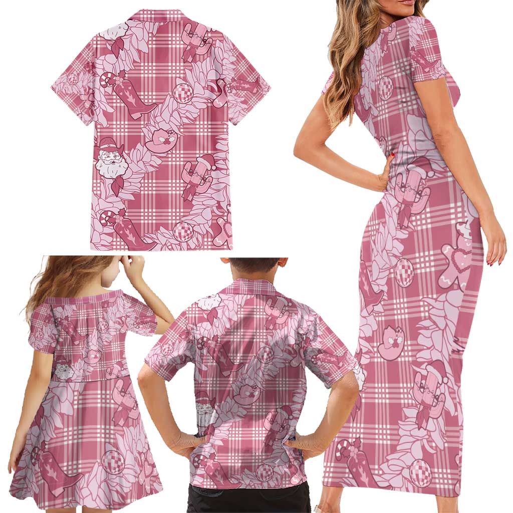 Pink Palaka Hawaii Cowboy Christmas Family Matching Short Sleeve Bodycon Dress and Hawaiian Shirt Paniolo Mix Maile Lei LT7 - Polynesian Pride