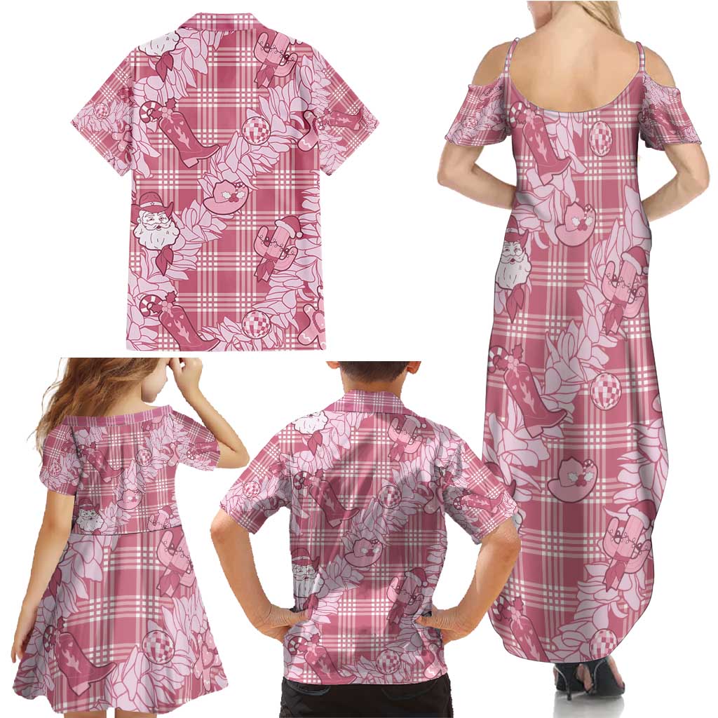 Pink Palaka Hawaii Cowboy Christmas Family Matching Summer Maxi Dress and Hawaiian Shirt Paniolo Mix Maile Lei LT7 - Polynesian Pride