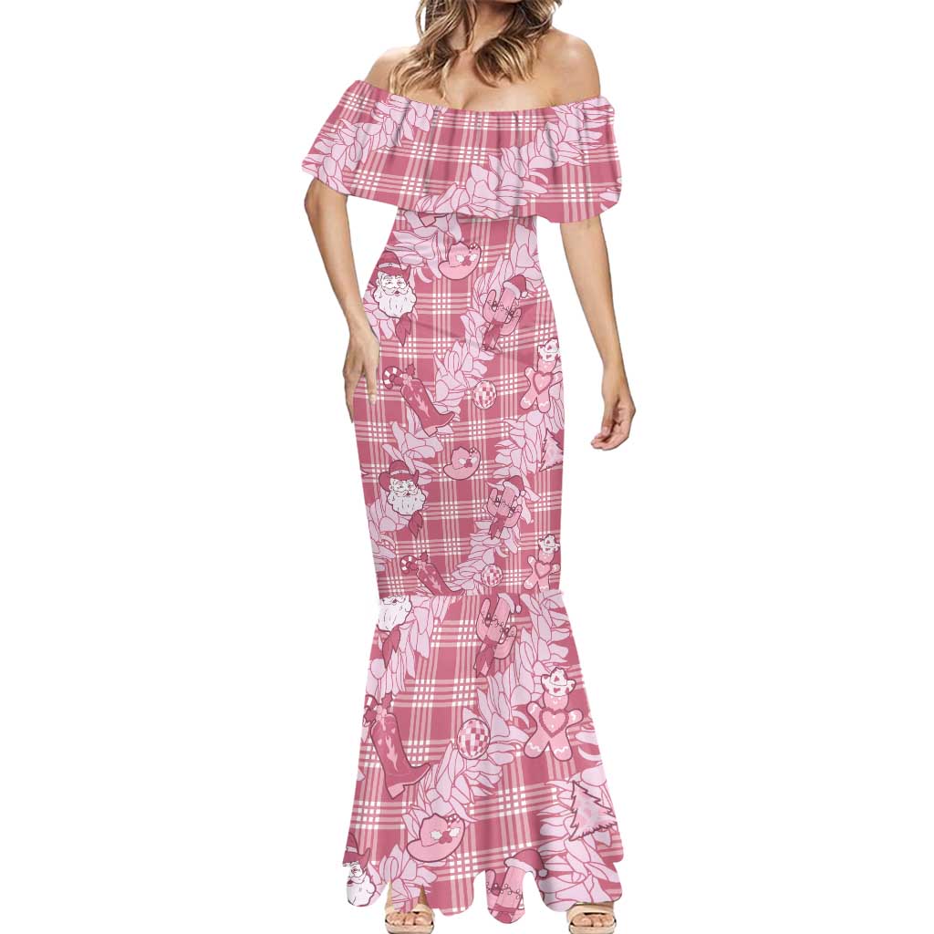 Pink Palaka Hawaii Cowboy Christmas Mermaid Dress Paniolo Mix Maile Lei - Polynesian Pride