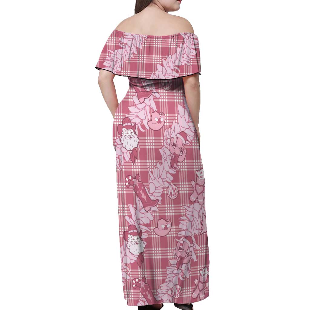 Pink Palaka Hawaii Cowboy Christmas Off Shoulder Maxi Dress Paniolo Mix Maile Lei LT7 - Polynesian Pride