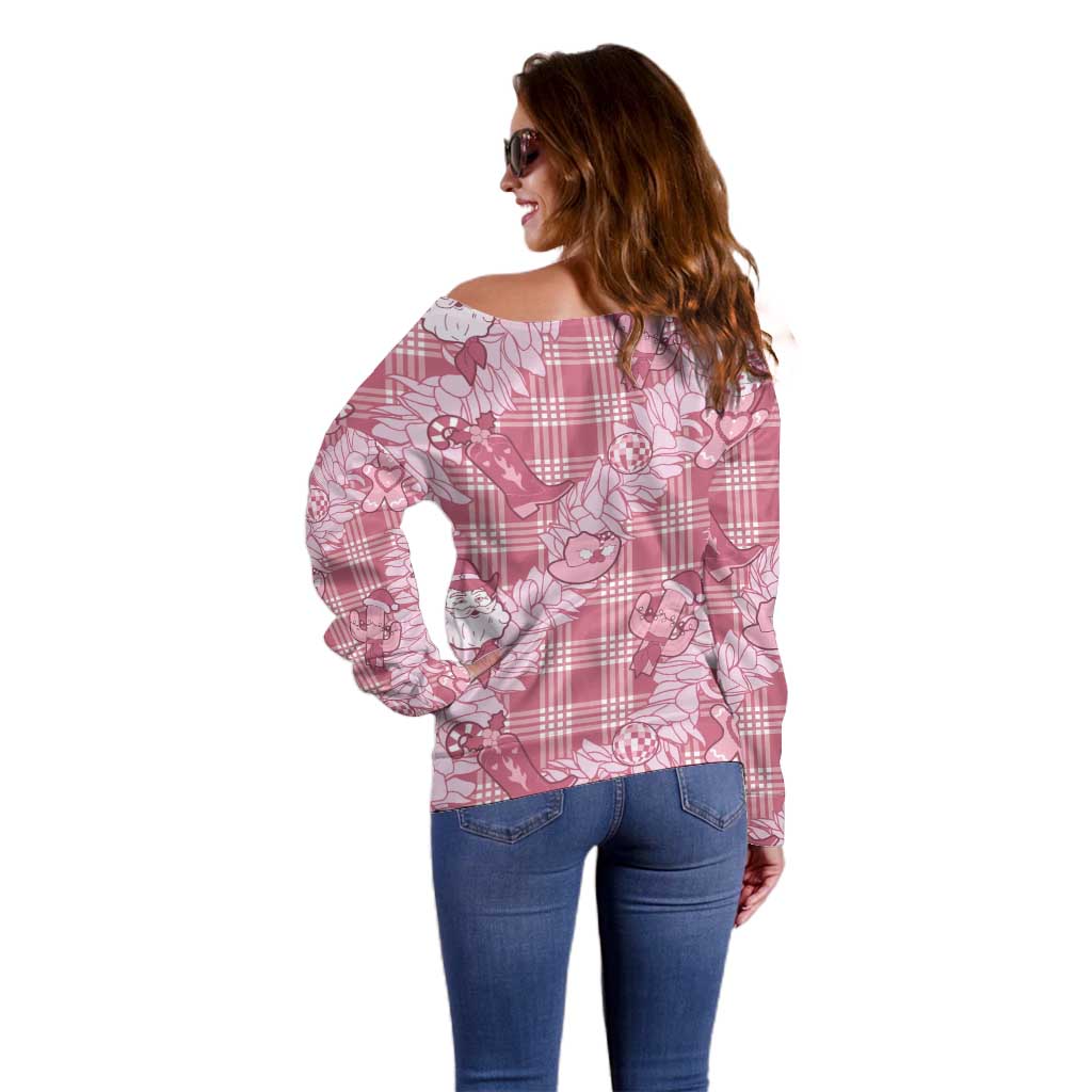 Pink Palaka Hawaii Cowboy Christmas Off Shoulder Sweater Paniolo Mix Maile Lei - Polynesian Pride