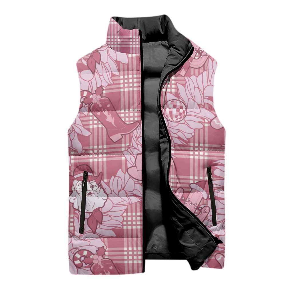 Pink Palaka Hawaii Cowboy Christmas Sleeveless Puffer Jacket Paniolo Mix Maile Lei - Polynesian Pride