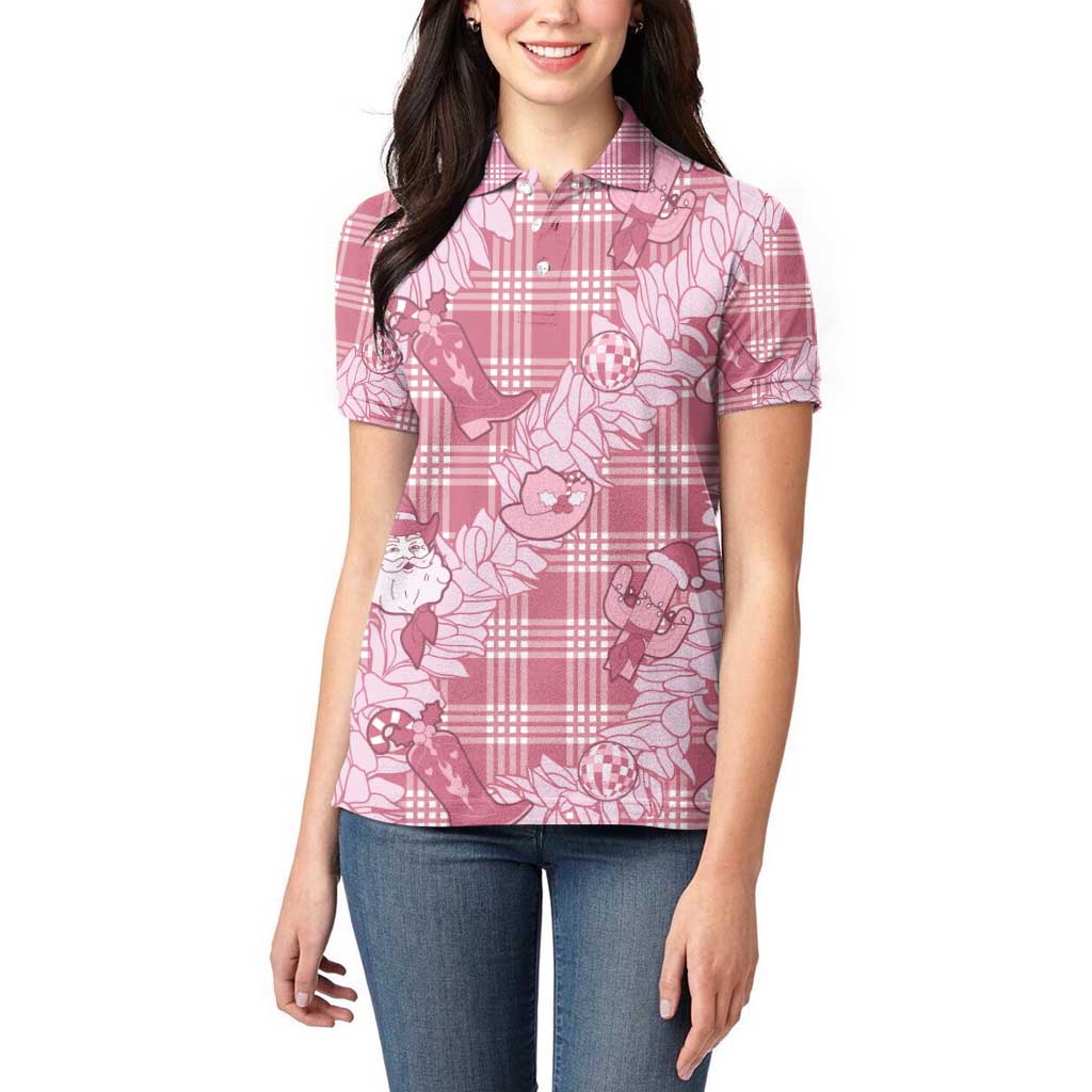 Pink Palaka Hawaii Cowboy Christmas Women Polo Shirt Paniolo Mix Maile Lei - Polynesian Pride